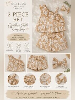 Rachel Zoe Tan & White Floral Ruffle Tank and Shorts Set with Bow Clip